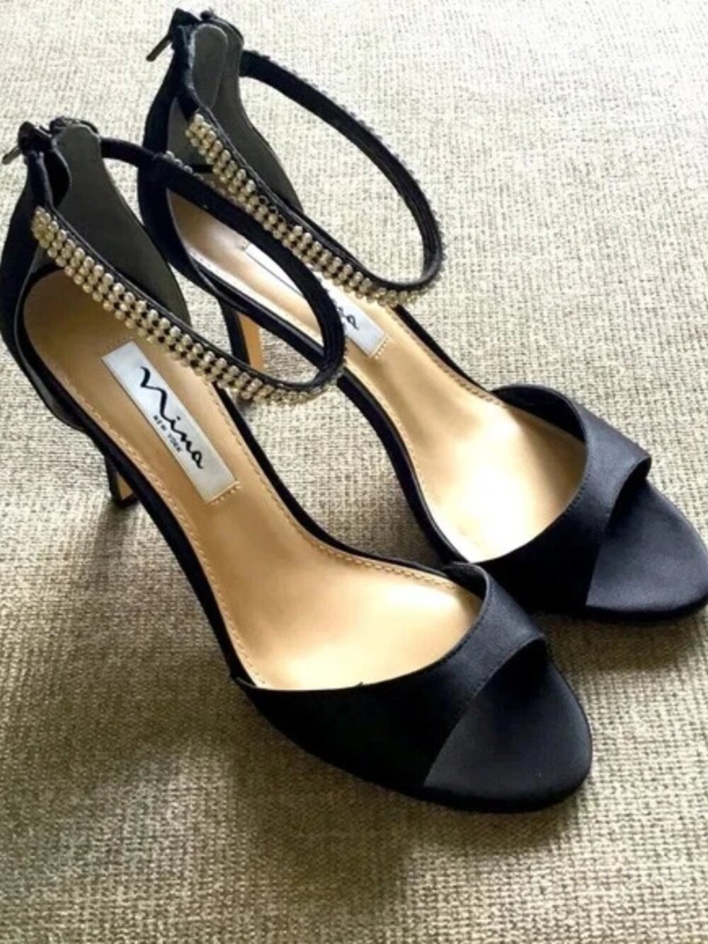 Nina Volanda High Heel Sandal Black Luster Satin Crystal Ankle Strap Size 8
